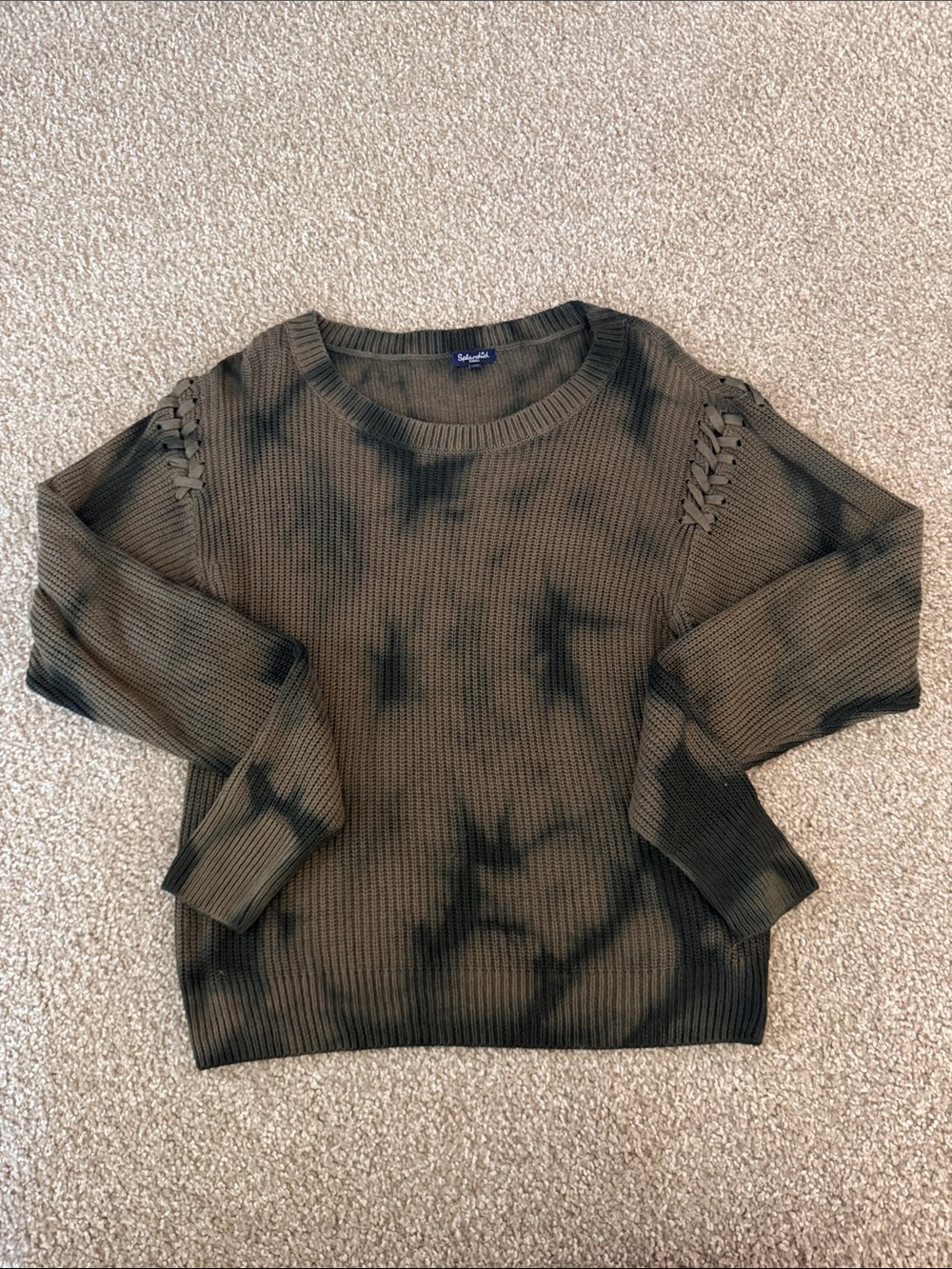 Splendid Olive & Black Tie-Dye Crewneck Sweater with Shoulder Braid